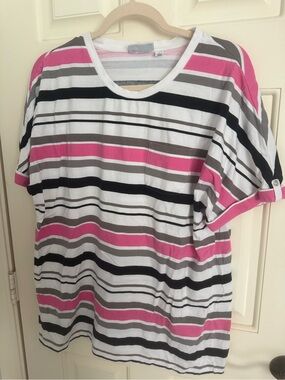 Relaxed Pink Stripe Short Sleeve Tee - Women’s Casual Pocket Top